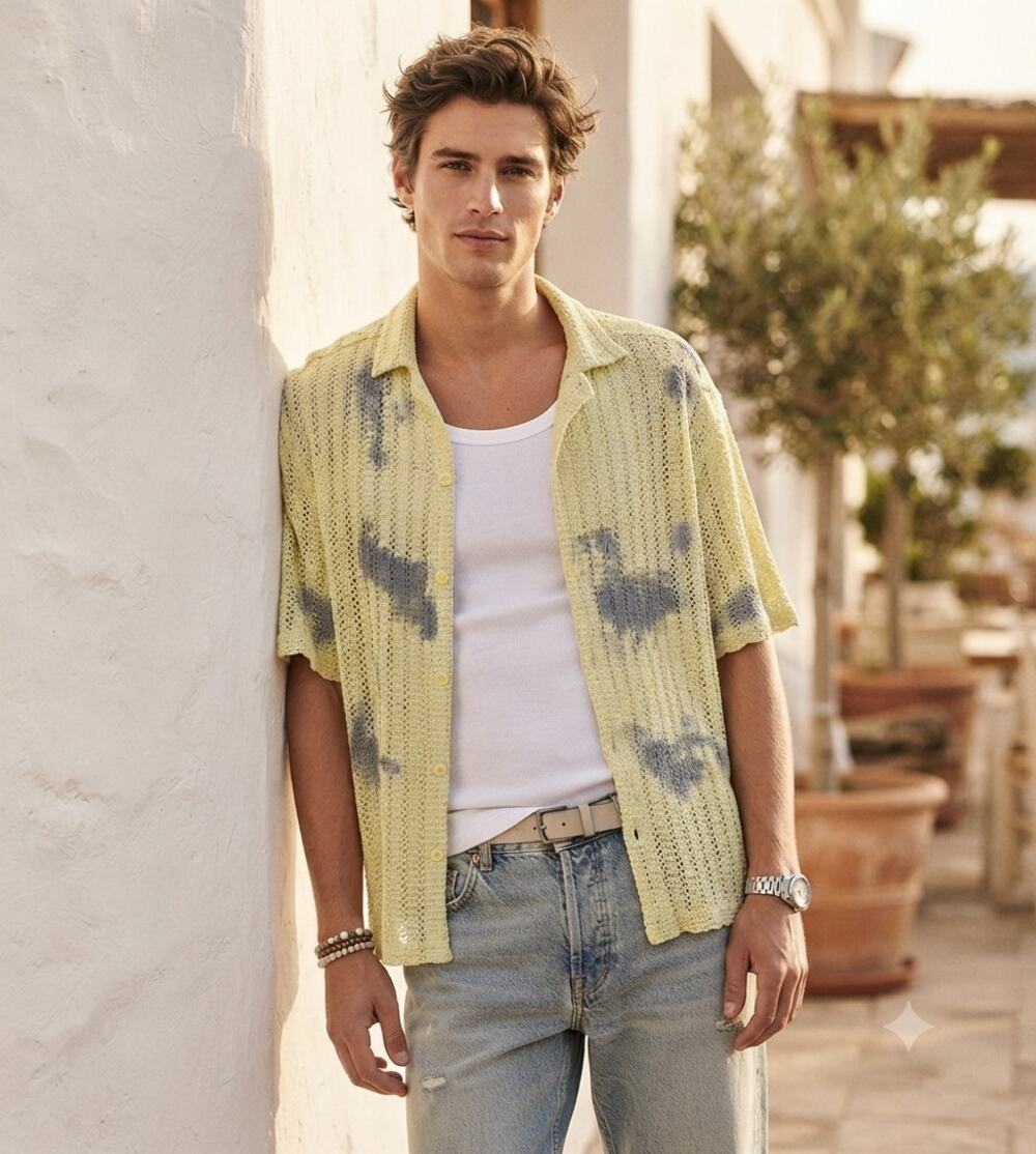 ZARA Men's Open Knit Short Sleeve Button Down Shirt S Yellow Blue Gray Crochet